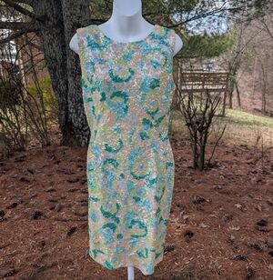 Vintage Black Tie Green Cream Sequin Evening Cocktail Party Mini Dress Small